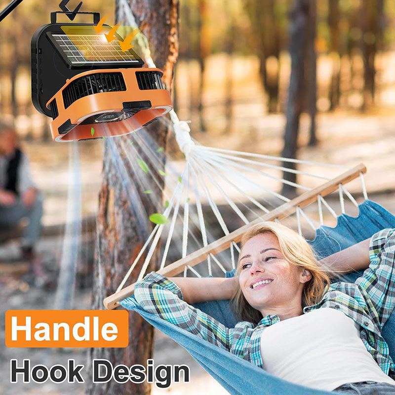 Solar-Powered Camping Fan – 3 Functions in 1 Device
