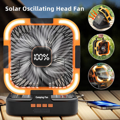 Solar-Powered Camping Fan – 3 Functions in 1 Device