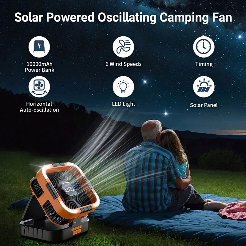 Solar-Powered Camping Fan – 3 Functions in 1 Device