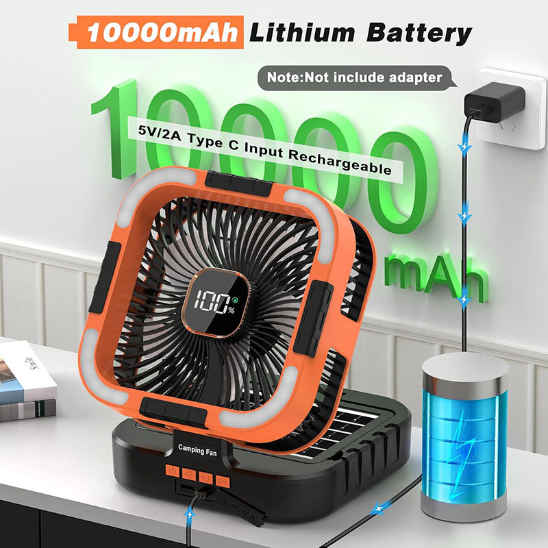 Solar-Powered Camping Fan – 3 Functions in 1 Device