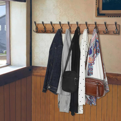 Wall-Mounted Wooden Coat Rack with 10 Hooks