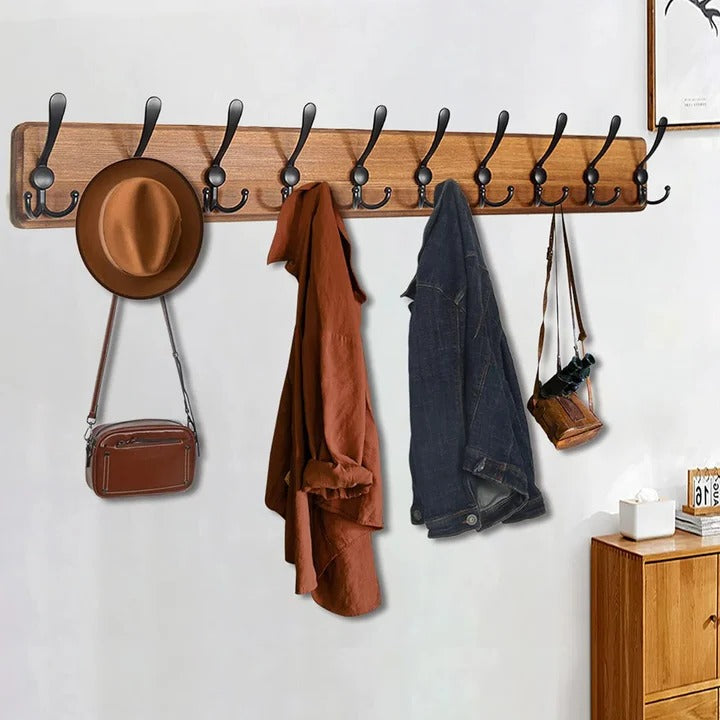 Wall-Mounted Wooden Coat Rack with 10 Hooks
