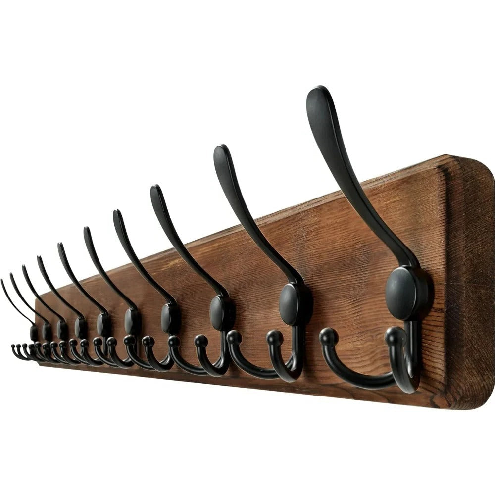 Wall-Mounted Wooden Coat Rack with 10 Hooks