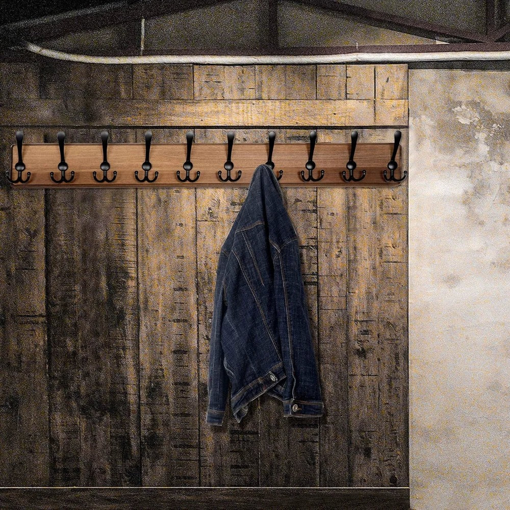 Wall-Mounted Wooden Coat Rack with 10 Hooks