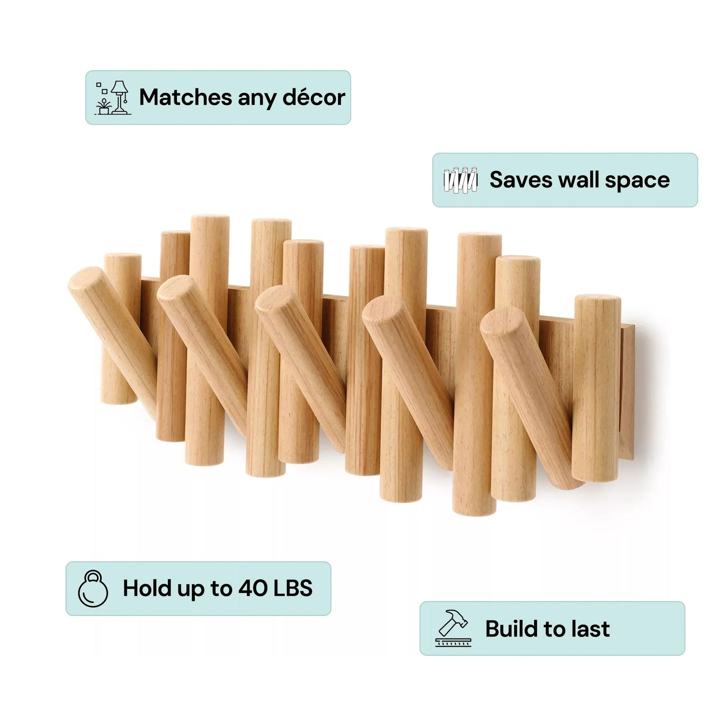 Foldable Hook Organizer - Wooden Wall-Mounted Coat Rack