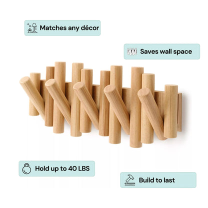 Foldable Hook Organizer - Wooden Wall-Mounted Coat Rack