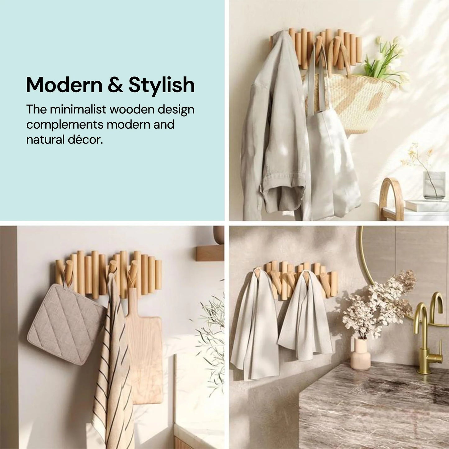 Foldable Hook Organizer - Wooden Wall-Mounted Coat Rack