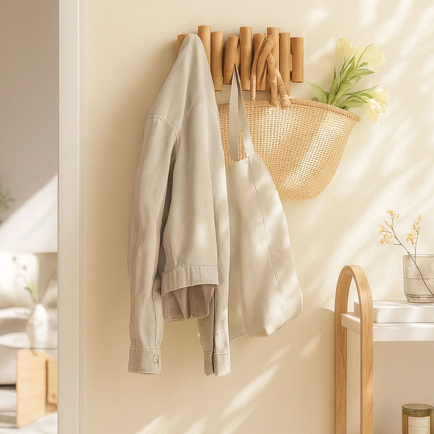 Foldable Hook Organizer - Wooden Wall-Mounted Coat Rack