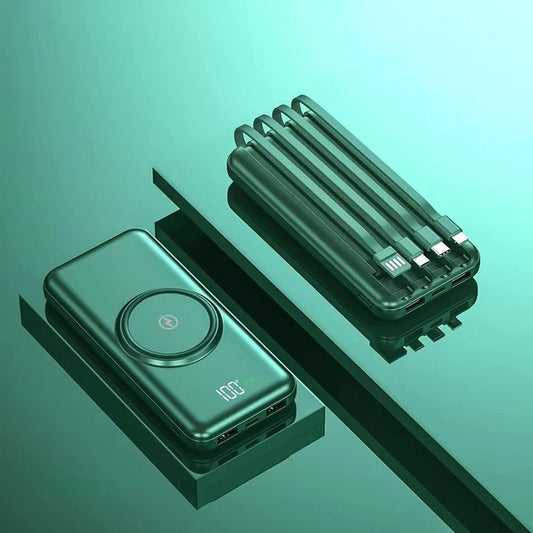 20000mAh Power Bank with Integrated Cables and Wireless Charging