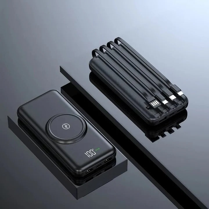 20000mAh Power Bank with Integrated Cables and Wireless Charging