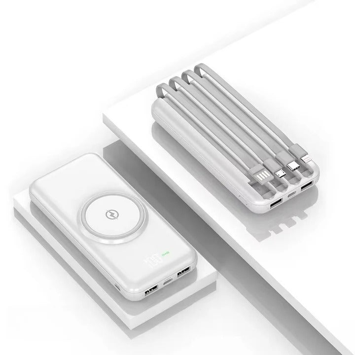 20000mAh Power Bank with Integrated Cables and Wireless Charging