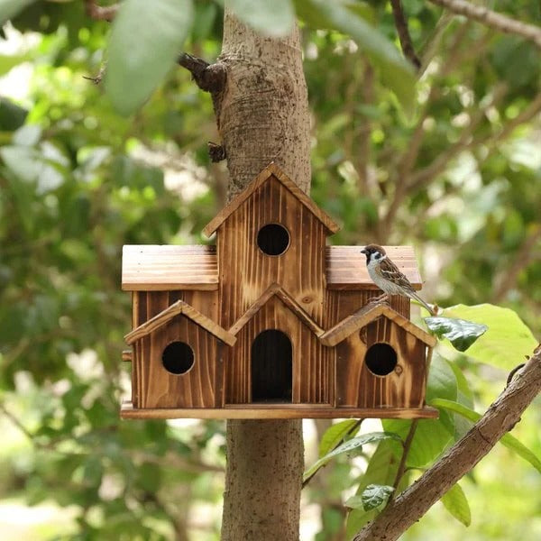 Handmade Wooden Birdhouse for Trees - 6 Entry Holes