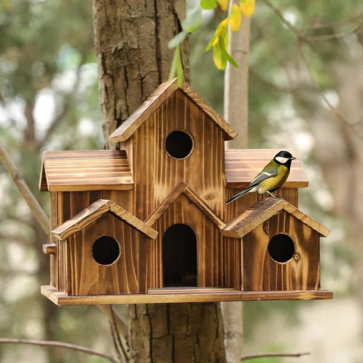 Handmade Wooden Birdhouse for Trees - 6 Entry Holes