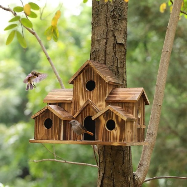 Handmade Wooden Birdhouse for Trees - 6 Entry Holes