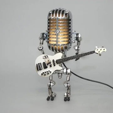 Retro Robot Lamp with Guitar and Vintage Metal Microphone