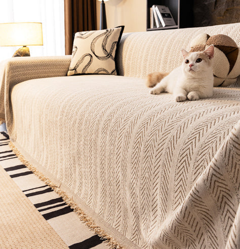 Herringbone Chenille Sofa Cover – Decorative Throw Blanket with Fringe