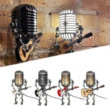 Retro Robot Lamp with Guitar and Vintage Metal Microphone