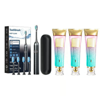 Toothpaste (3 Pieces) + Electric Toothbrush for Adults (4 Brush Heads + Storage Box) - Black