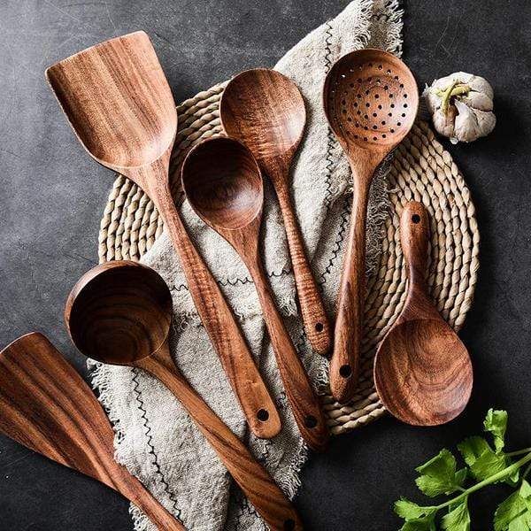 Eco-Friendly Teak Wooden Kitchen Utensil Collection | 7 Pieces