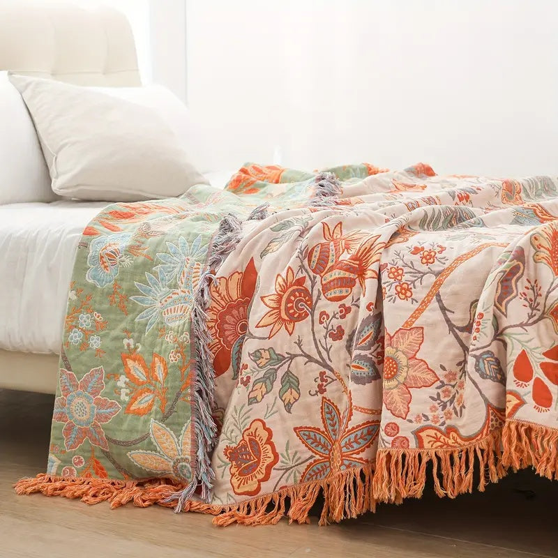 Charming Cotton Floral Throw | Cozy Bohemian Blanket