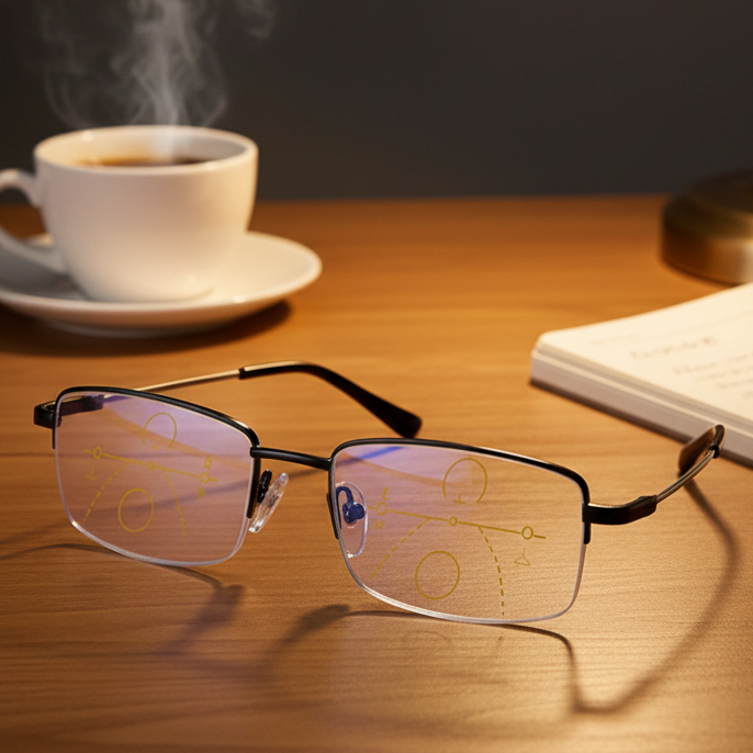 Multi-Focal Reading Glasses with Blue Light Protection, Semi-Rimless Metal Frame, Available in Various Strengths