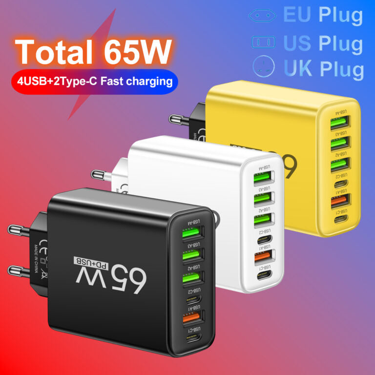 65W 6-in-1 Fast Charger – Charge Up to 6 Devices Simultaneously – Perfect for Home, Office, and Travel