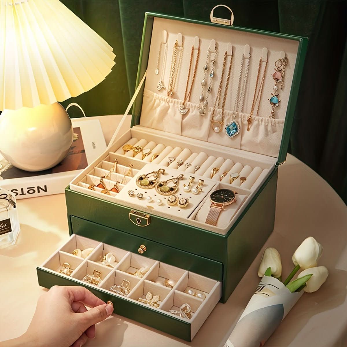 Elegant Three-Tier Jewelry Organizer with Velvet Interior