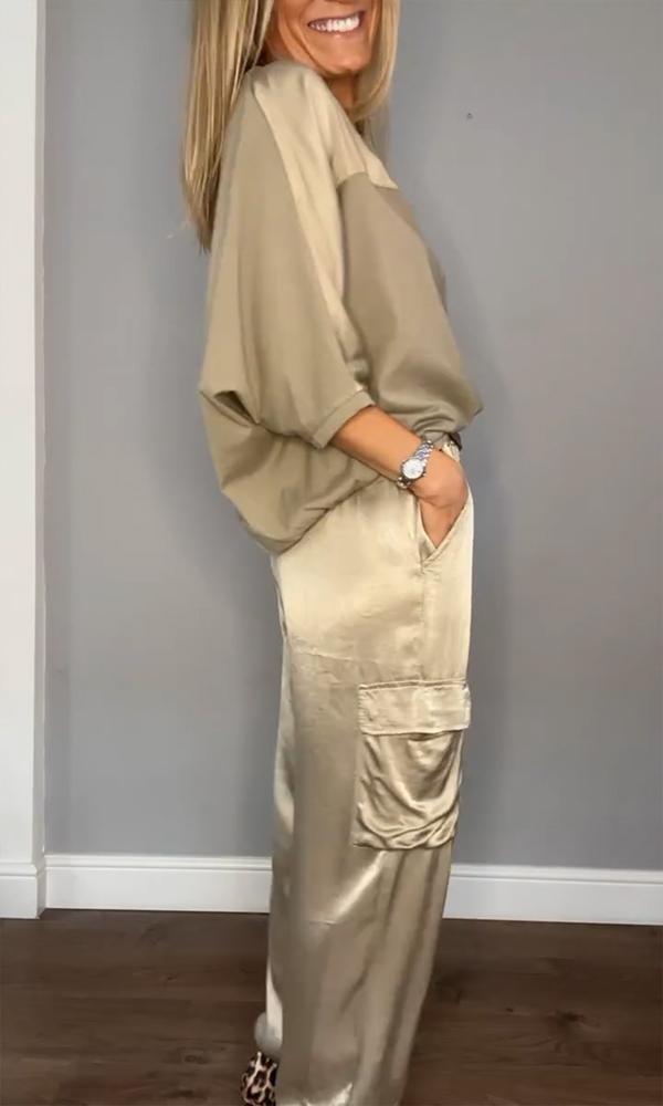 Satin Suit Set with Half Sleeves and Trousers, Two-Piece Outfit
