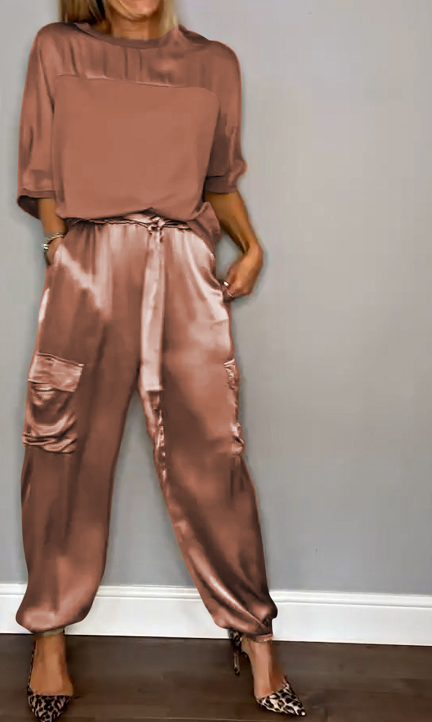 Satin Suit Set with Half Sleeves and Trousers, Two-Piece Outfit