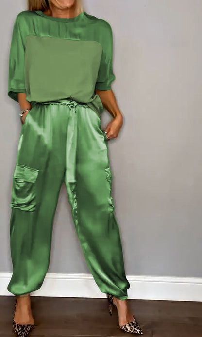 Satin Suit Set with Half Sleeves and Trousers, Two-Piece Outfit