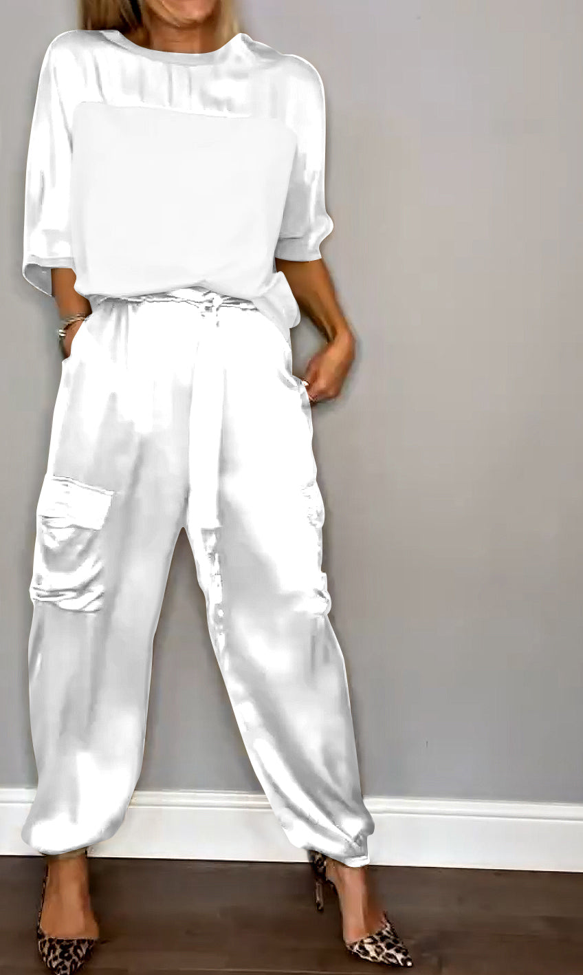 Satin Suit Set with Half Sleeves and Trousers, Two-Piece Outfit