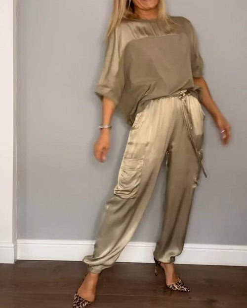 Satin Suit Set with Half Sleeves and Trousers, Two-Piece Outfit