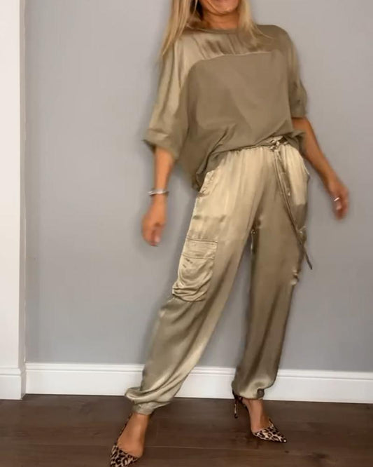 Satin Suit Set with Half Sleeves and Trousers, Two-Piece Outfit