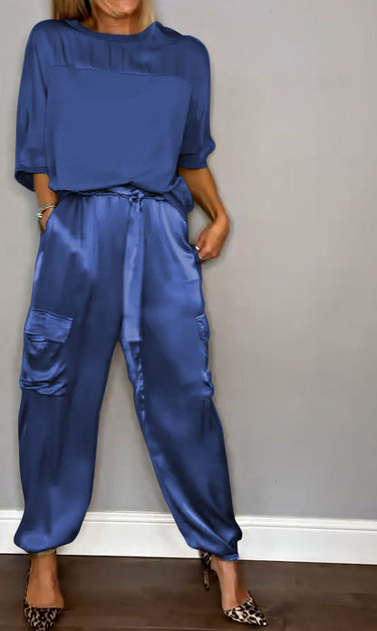 Satin Suit Set with Half Sleeves and Trousers, Two-Piece Outfit