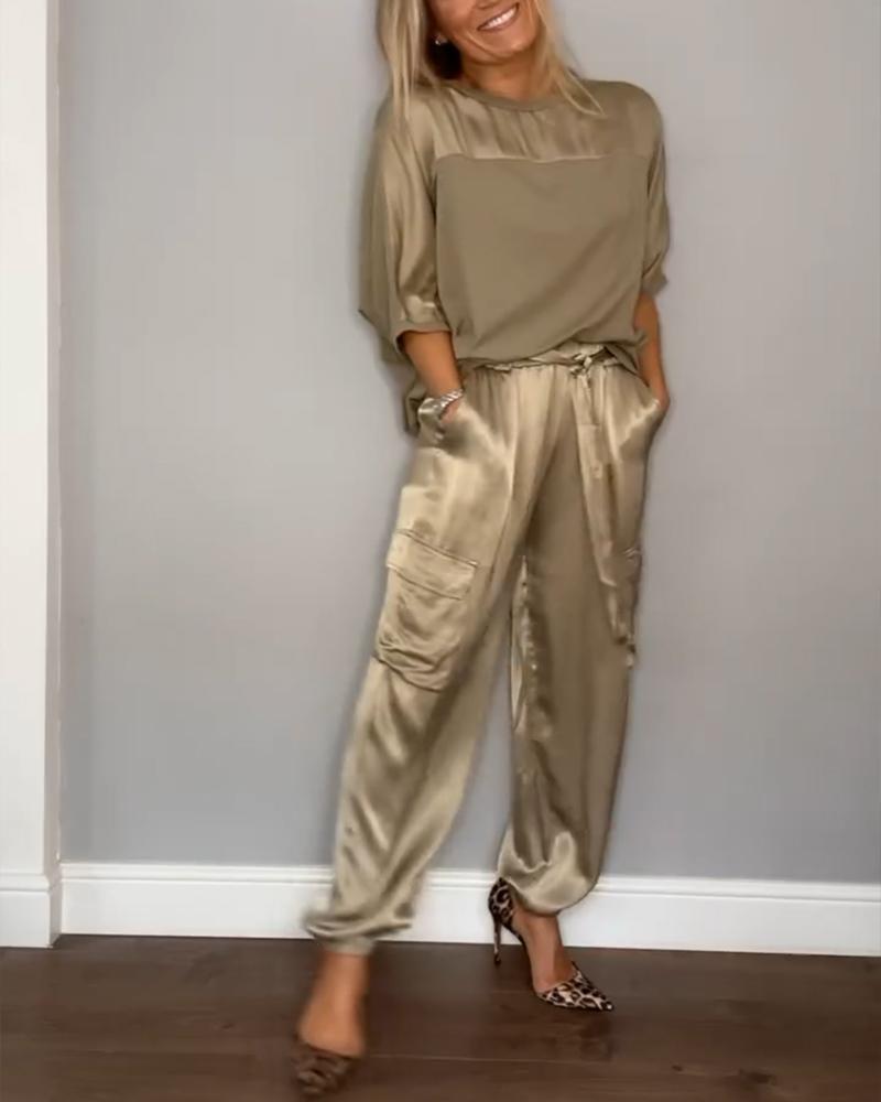 Satin Suit Set with Half Sleeves and Trousers, Two-Piece Outfit