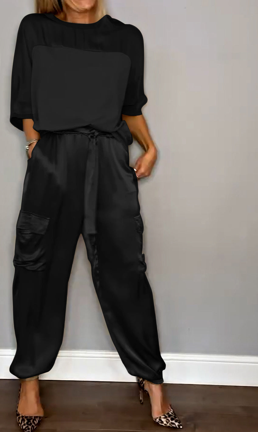 Satin Suit Set with Half Sleeves and Trousers, Two-Piece Outfit