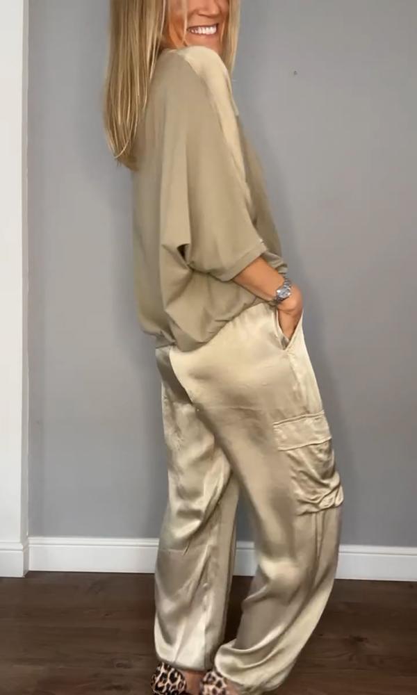 Satin Suit Set with Half Sleeves and Trousers, Two-Piece Outfit