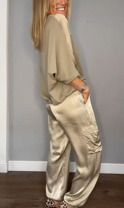 Satin Suit Set with Half Sleeves and Trousers, Two-Piece Outfit