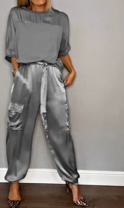Satin Suit Set with Half Sleeves and Trousers, Two-Piece Outfit