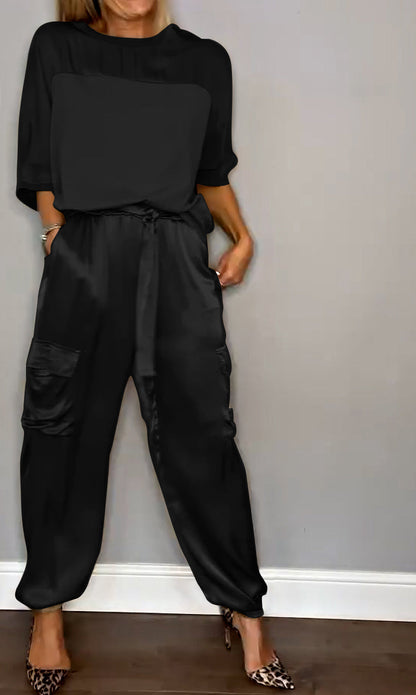 Satin Suit Set with Half Sleeves and Trousers, Two-Piece Outfit