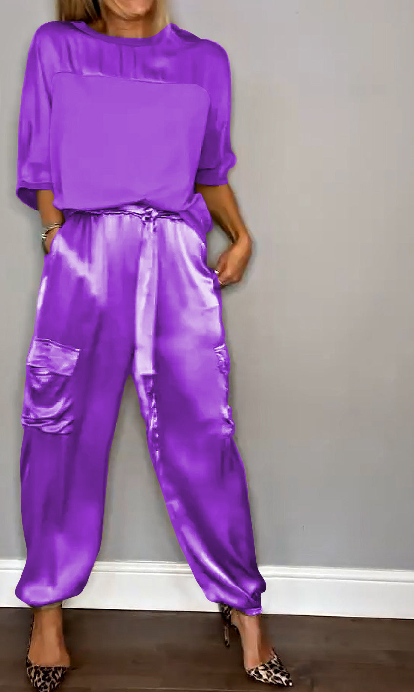 Satin Suit Set with Half Sleeves and Trousers, Two-Piece Outfit