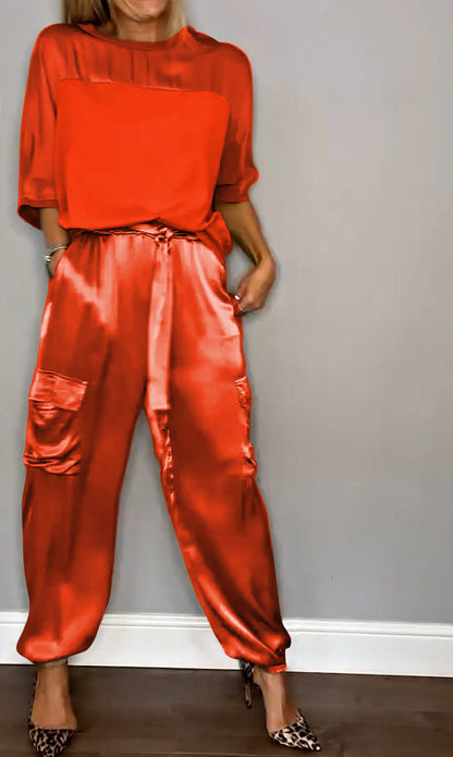Satin Suit Set with Half Sleeves and Trousers, Two-Piece Outfit