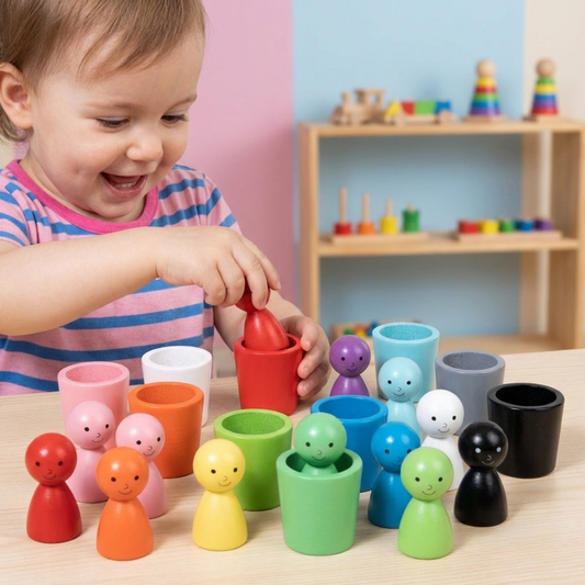 Wooden Sorting Cups Learning Game in Montessori Colors