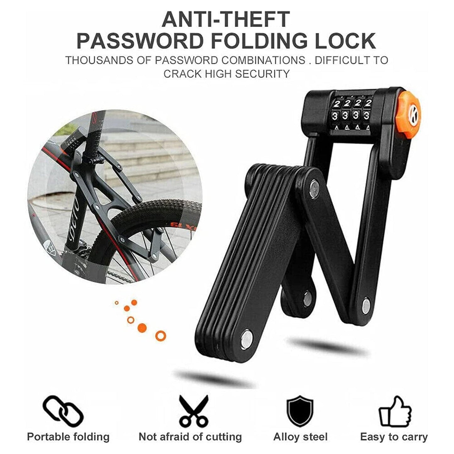 Folding Bike Lock in Alloy Steel with 4-Digit Code