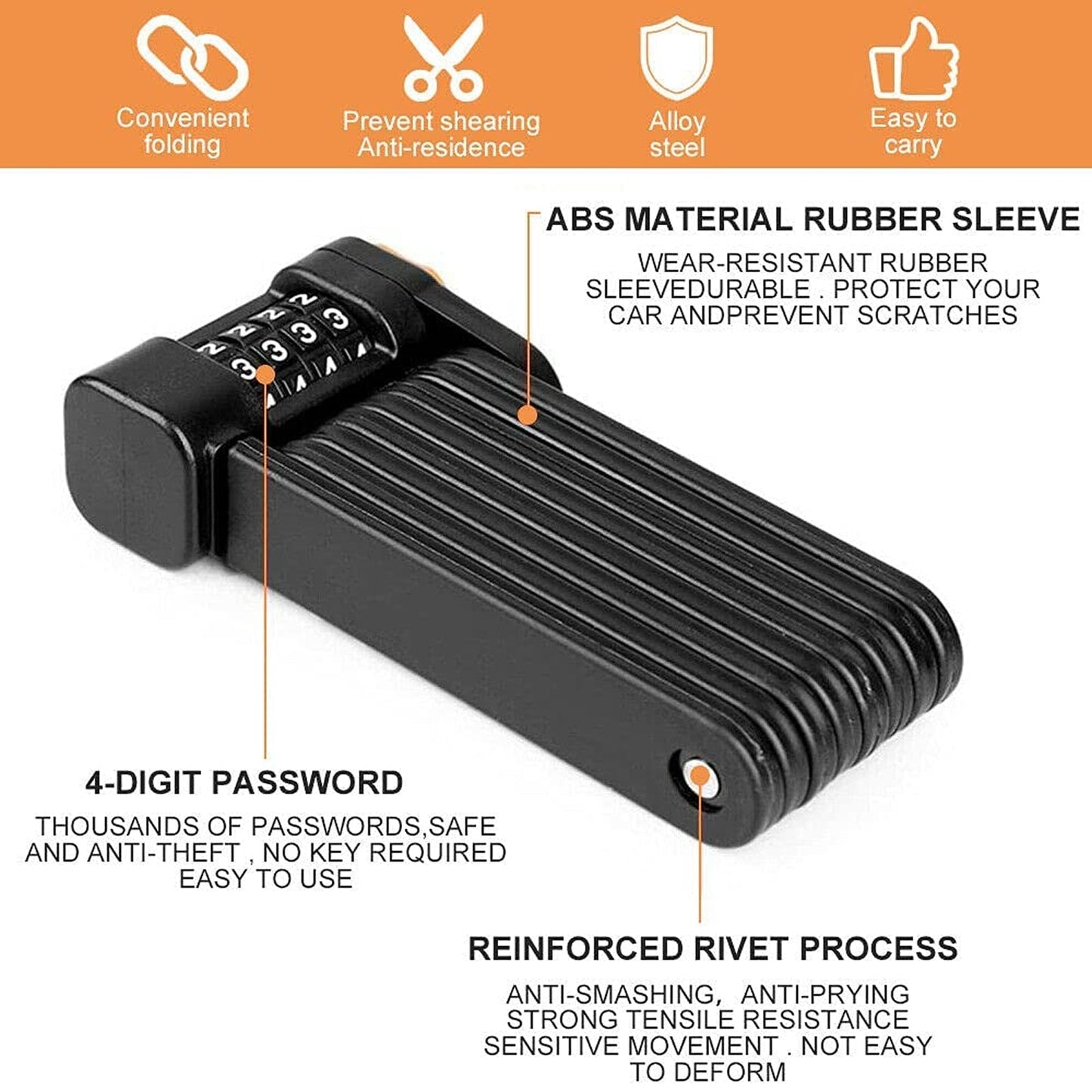 Folding Bike Lock in Alloy Steel with 4-Digit Code