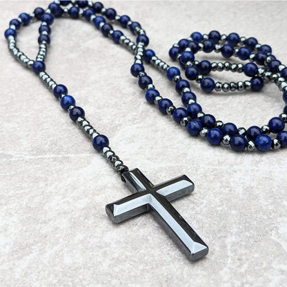 Men's Rosary Necklace with Tiger Eye and Lapis Lazuli – Orion Design