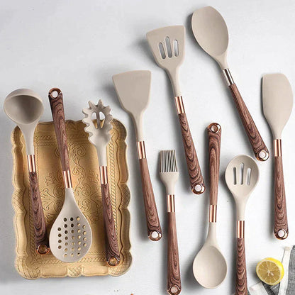 10-Piece Silicone Cookware Set with Wooden Handles – Elegant Kitchen Utensils