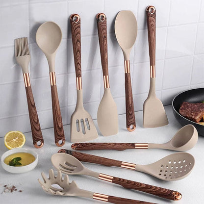 10-Piece Silicone Cookware Set with Wooden Handles – Elegant Kitchen Utensils