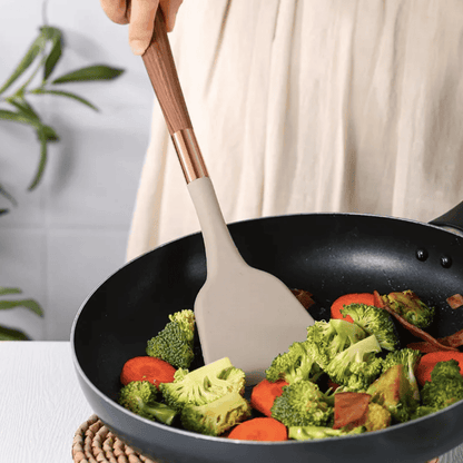 10-Piece Silicone Cookware Set with Wooden Handles – Elegant Kitchen Utensils