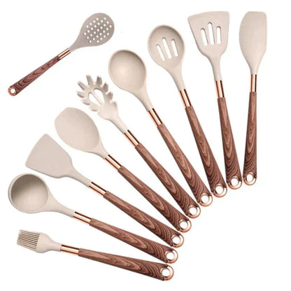10-Piece Silicone Cookware Set with Wooden Handles – Elegant Kitchen Utensils